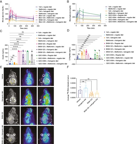 PI3K inhibitor-driven insulin feedback is reduced by anti-hyperglycemic therapy in mice. Serum glucose levels were measured in mice treated with BKM-120 (60 mg/kg) (A) or GDC-0084 (15 mg/kg) (B) along with metformin (200 mg/kg) and a regular or ketogenic diet. P values by 1-way ANOVA for vehicle v. BKM-120 (<.001), metformin (ns), BKM-120 + metformin (<.01), metformin + ketogenic diet (<.05), ketogenic diet (ns), BKM-120 + ketogenic diet (ns), and BKM-120 + ketogenic diet + metformin (ns). P values by 1-way ANOVA for vehicle v. GDC-0084 (ns), metformin (<.05), metformin + ketogenic diet (<.0001), GDC-0084 + ketogenic diet (<.0001), and GDC-0084 + ketogenic diet + metformin (<.0001). Insulin (C) and C-peptide (D) levels were measured in mice treated with BKM-120 and GDC-0084 as in A and B. Mice fed a regular or ketogenic diet were treated with BKM-120 (15 mg/kg) followed 30 minutes later by 18F-fluorodeoxyglucose, and PET-MR imaging was then performed (E) and quantified in F. **P < .01, ****P < .0001.
