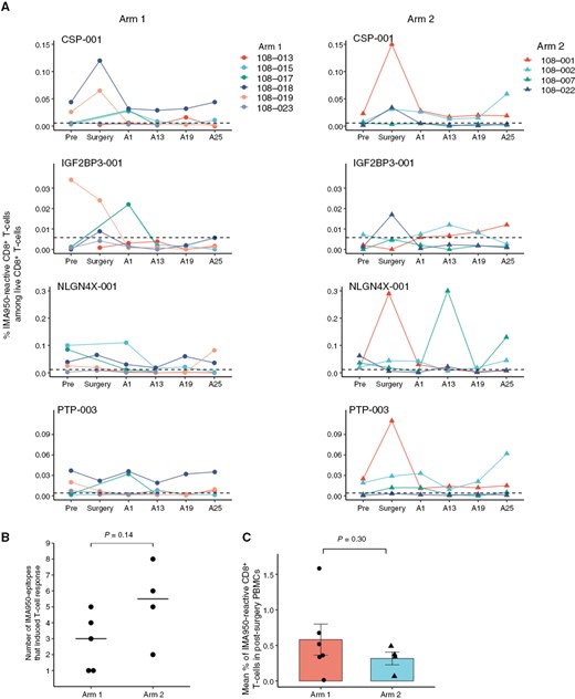 Vaccination with IMA950 and poly-ICLC induces IMA950-specific CD8+ T-cell response. (A) The longitudinal changes in the frequency of CD8+ T cells reactive to IMA950 antigens CSP-001, IGF2BP3-001, NLGN4X-001, and PTP-003. Horizontal dashed lines indicate the threshold for the background tetramer reactivity as determined by the nonspecific reactivity of HLA-A*02-negative CD8+ T cells to each tetramer. (B) The number of IMA950-epitopes that induced CD8+ T-cell response. All patients showed CD8+ T-cell response to at least a single IMA950- epitope, defined as the percentage of tetramer+ CD8+ T cells showing a four-fold or higher increase in at least one postvaccine time point compared to prevaccine. Comparison calculated with the Wilcoxon rank test. (C) The expansion of IMA950-reactive CD8+ T cells over postvaccine periods is evaluated by calculating the mean percentage of total IMA950-reactive CD8+ T cells among CD8+ T cells in available postsurgery PBMC samples during the study. Comparison calculated with nonpaired Student’s t-test with Welch’s correction.
