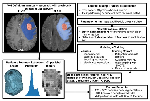 Summarized overview of our workflow. After manual and automatic definition of the volume of interest (VOI), we extracted 104 original features from each metastasis and edema segmentation. We reduced the number of features in each set with MRMR. Furthermore, we added up to 8 clinical features and combined all features into multiple different feature sets. The optimal number of features in each set was determined with a nested cross-validation. The optimal parameters for our selected learners were chosen based on a 5-fold cross-validation. The best parameters for each learner-feature-combination were tested in the external test cohort.