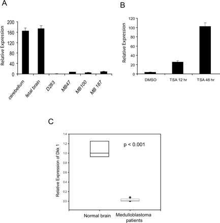 DKK1 expression is decreased in medulloblastoma cell lines and patients. (A) DKK1 mRNA, determined by qPCR, is significantly decreased in D283 cells and primary medulloblastoma cell cultures compared to normal human cerebellum (n = 3). (B) TSA (0.2 μM) potently induces DKK1 expression in D283 cells as determined by qPCR. (C) Box plot representation of analysis of variance analysis shows significant decrease in DKK1 expression (P < 0.001) in medulloblastoma patients (n = 10) compared to normal cerebellum (n = 3).
