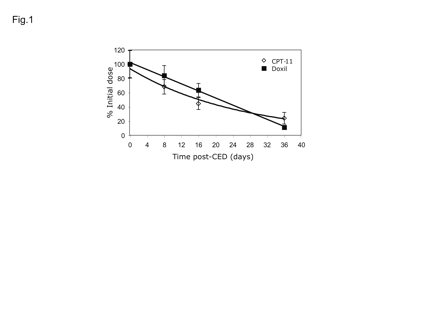 Tissue pharmacokinetics of nanoliposomal CPT-11 and Doxil in the normal adult rat brain after single convection-enhanced delivery (CED) infusion. All values are percent injected dose versus time after CED of 20 μl infusate. Drug concentrations were determined by high-performance liquid chromatography assay for CPT-11·HCl and doxorubicin·HCl. Values are means ± SD of four animals per time point.