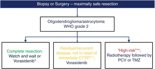Schema of proposed use of vorasidenib for WHO grade 2 glioma based on type of resection and risk.