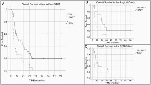 Kaplan–Meier survival curve demonstrates overall survival (A) and survival following surgical resection (B) and SRS (C) with or without SACT. SACT, systemic anticancer therapy; Cum Survival, cumulative survival.