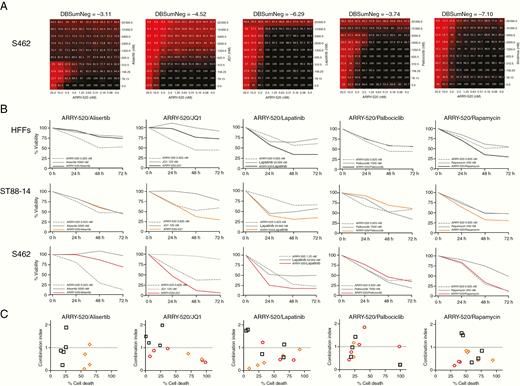 Co-targeting KIF11 (ARRY-520) and BRD4 (JQ1) synergistically kills MPNST cells. A. 10 × 10 matrix viability plots for the combination of ARRY-520 and each of the following drugs: alisertib (AURKAi), JQ1 (BRD4i), lapatinib (EGFR/ERBB2i), palbociclib (CDK4/6i), and rapamycin (aka, sirolimus; mTORi). B. Percentage of the viability of HFFs, ST88-14, and S462 cells at 0 h, 24 h, 48 h, and 72 h after combination treatments of ARRY-520 with alisertib, JQ1, lapatinib, palbociclib, or rapamycin. C. Combination Index (CI) plots of all 5 combined treatments at several doses showing the percentage of HFF, ST88-14, and S462 cell death versus the CI (CI > 1, antagonism; CI ≈1, additive effect; 0 < CI < 1, synergism).
