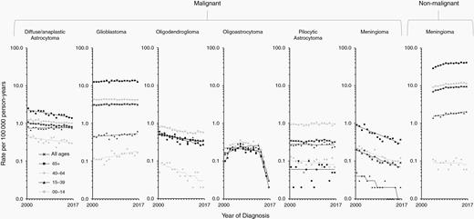 Trends in age-standardized incidence rates for selected malignant (2000–2017) and nonmalignant (2004–2017) brain and other CNS tumors in the SEER 21 registries, by age group—Both sexes. Symbols represent observed data; lines represent modeled data. The rates are plotted on the log scale.