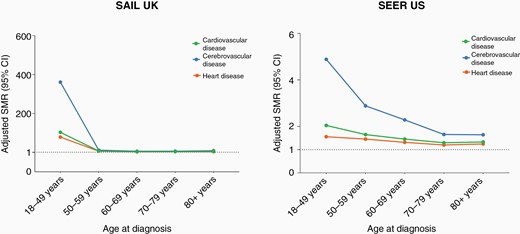 Cardiovascular mortality in CNS tumors by age at cancer diagnosis and stratified by subtypes. SMRs for CVD adjusted by age and sex in CNS tumors. SMRs for subtypes within cause of CVD (disease of heart and cerebrovascular disease) were presented. A SMR above 1 represents a higher relative risk of death for a type of cardiovascular cause compared with the general population.