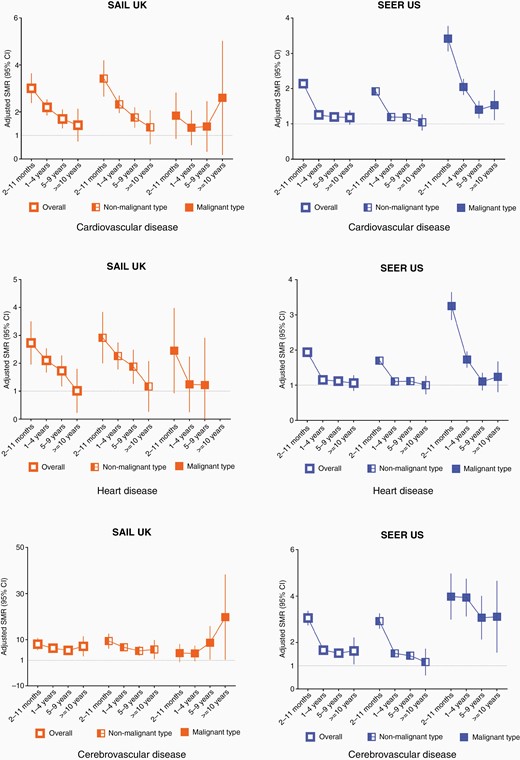 Cardiovascular mortality in CNS tumors by follow up year and stratified by subgroups. SMRs for CVD adjusted by age, sex and calendar year in overall CNS tumors and by malignancy. SMRs for subtypes within cause of CVD (disease of heart and cerebrovascular disease) were presented. A SMR above 1 represents a higher relative risk of death for a type of cardiovascular cause compared with the general population.