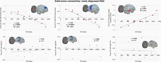Connectivity and overall survival in newly diagnosed HGG. In newly diagnosed HGG patients, three significant cortical clusters whose connectivity with the tumor mass displayed predictive power over OS were identified: two clusters located in the right and left frontal lobes, and the right occipito-temporal cortex (the correlation analyses revealed a variance in explained OS ranging from R2 = 81–92%; P < .001). FC of solid tumor and three control brain regions were extracted and correlated with OS, showing no significant correlation with overall survival (lower panels; r < 0.1, P > .1; for additional control regions see Supplementary Figure S2). Regression model parameters are reported in the Results section. FC, functional connectivity; OS, overall survival.