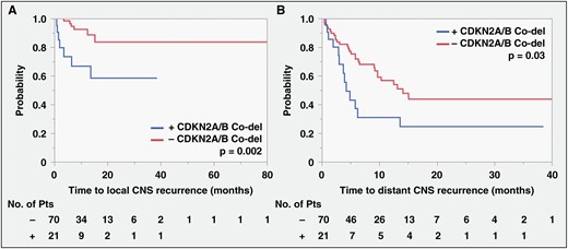 CDKN2A/B homozygous co-deletion is associated with decreased time to local and distant CNS recurrence after surgical resection of brain metastases. (A) Decreased time to local recurrence was observed for tumor harboring CDKN2A/B co-deletion (median time not reached for either group, log-rank P = 0.002). (B) Decreased time to distant recurrence was observed for tumor harboring CDKN2A/B co-deletion (+ vs −co-deletion: 4.2 vs 14.1 mo, log-rank P = 0.03).