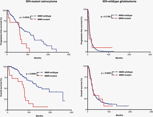 Effects of MMR mutations on glioma patient survival. Kaplan–Meier survival curves demonstrating a significant difference only in overall survival between IDH-mutant astrocytomas with and without MMR gene mutations present at initial biopsy/resection.