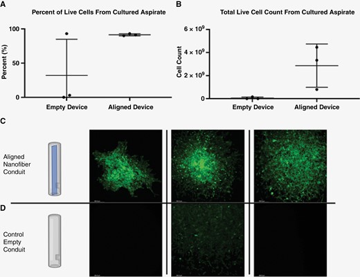 Cell culture from biopsy of F98-GFP+ tumor model. (A) Percentage of live cells in the culture expanded from biopsy aspirates of aligned nanofiber and control groups. (B) Absolute number of live cells in culture expanded for 7 days from biopsy aspirates of aligned nanofiber and control groups. (C) and (D) Representative images of the expanded culture after 1 week showing F98-GFP+ cells in all 3 of aspirates from aligned nanofiber devices and only a few GFP+ cells in one of the control empty devices.
