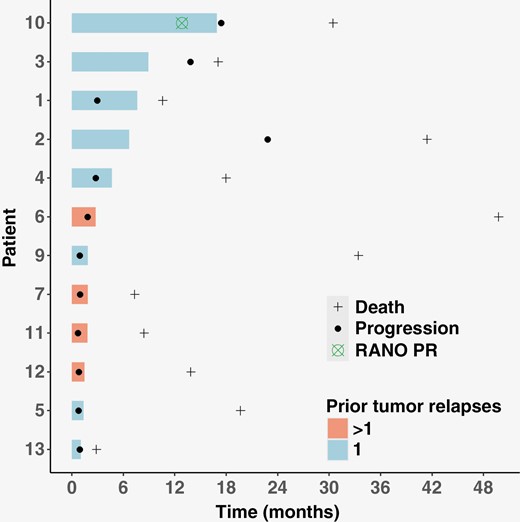 Swimmer plot of the patients in the efficacy cohort. Each bar represents the time under treatment.