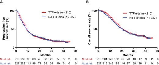 Progression-free survival (A) and overall survival (B) in all patients who received radiation and temozolomide therapy with or without tumor-treating fields (TTFields). The median PFS was 11 and 10 months in TTField users and nonusers, respectively. The median OS was 25 months in both groups. There were no significant differences in PFS and OS between TTField users and nonusers (P = .83 and .57; log-rank test).