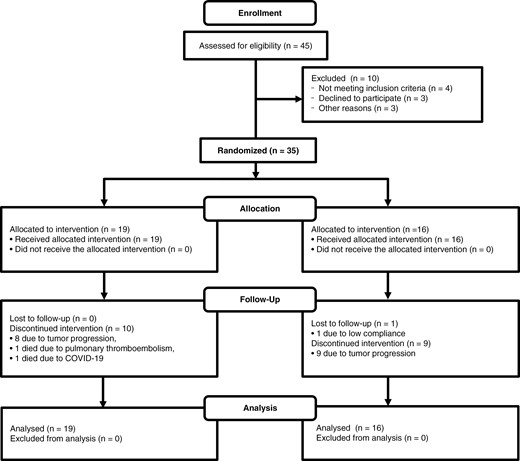 CONSORT diagram of the NEOTEM trial showing the flow of 45 patients assessed for eligibility, with 35 randomized. The intervention group (19 patients) had 10 discontinuations (8 due to tumor progression, 1 due to pulmonary thromboembolism, 1 due to COVID-19). The standard treatment group (16 patients) had 9 discontinuations due to tumor progression and 1 lost to follow-up. All patients were included in the final analysis.