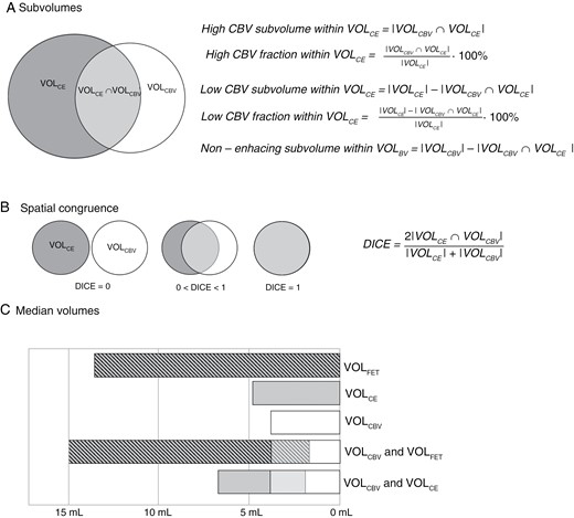 Analysis of spatial overlaps. Upper panel (A) shows calculation of absolute and fractional high and low CBV subvolumes within the contrast-enhancing volume. Middle panel (B) shows calculation of corresponding DICE coefficient. Spatial overlaps of VOLBV and VOLFET were analyzed in a similar way. In lower panel (C), median absolute tumor volumes and overlaps are shown graphically.