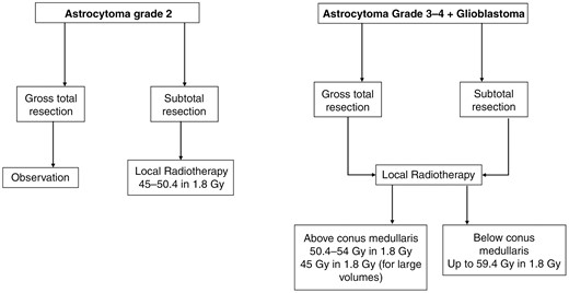 Flowchart with key treatment decisions for radiotherapy of spinal glioma (Oxford Level of evidence 3b).