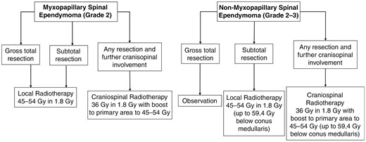 Flowchart with key treatment decisions for radiotherapy of spinal ependymoma (Oxford Level of evidence 3b).