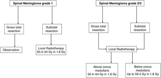 Flowchart with key treatment decisions for radiotherapy of spinal meningioma (Oxford Level of evidence 4).