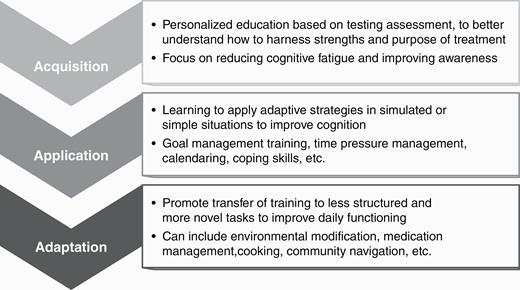 The “Triple A” Model of Cognitive Rehab: 1, Acquisition; 2, Application; and 3, Adaptation.