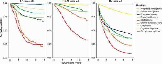 Kaplan–Meier survival curves for the five most common histologies within age group at diagnosis (ages 0–14 years old, 15–39 years old and 40+ years old). (Data provided by CDC’s National Program of Cancer Registries, 2001–2017).