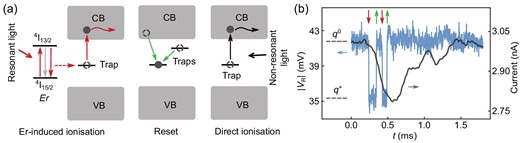 Principle of photoionisation detection of an Er3+ ion. (a) Relevant processes of the photoionisation detection of a single Er3+ ion. The red arrows represent the processes involved in the Er-induced ionisation, and the green arrows represent the reset of the ionised trap. First, resonant illumination drives an Er3+ ion from the 4I15/2 ground state to the 4I13/2 optically excited state. Then, due to a non-radiative decay process, an electron bound to a trap is promoted into the conduction band (CB) of Si and subsequently escapes (curved red arrow). The grey arrow represents both the radiative decay processes and other non-radiative decay processes that do not cause the trap to ionise. Finally, the ionised trap can capture an electron from the CB or other localised states (green arrows) and reset to its neutral state. Additionally, non-resonant light can directly ionise the trap (black arrows). Here VB is the valence band of Si. (b) An amplitude-time (|VR|-t) trace (blue) and a current-time trace (black) recorded simultaneously when the device was under resonant CW illumination. The high level in both traces indicates that the trap is in the neutral state (q0), and the low level indicates that the trap is ionised (q+). The red and green arrows indicate ionisation and reset events, respectively.