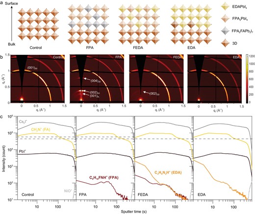 Structure characterizations. (a) Schematic of perovskite structures with EDA-, FPA- and FEDA-treated surfaces. (b) GIWAXS patterns and (c) ToF-SIMS of control, FPA, FEDA and EDA films. 2L means a two-layer structure and 2D is a two-dimensional structure.