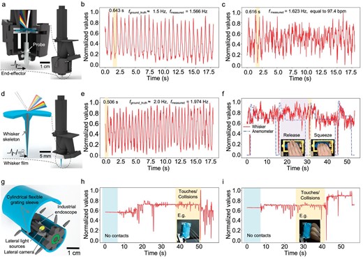 Perceptual extension examples of the IrisTact tactile perception method. (a–c) Equipped with an end-effector, the sensor prototype is adept at sensing external low-frequency vibrations, which induce correlated structural color variations. It captures low-frequency vibration signals generated during consistent sliding activities (b), and measures the pulse rate at a human wrist (c). (d–f) Incorporating a whisker on the flexible grating film enhances the film's responsiveness to subtle external disturbances. The adaptation of this whisker film enables IrisTact to detect external disturbances, such as low-frequency vibrations occurring during stable sliding activities (e) or the passage of airflow (f) in turn. In the right graph, blue lines represent reference measurements taken by an anemometer, while red lines denote results from the whisker sensor. (g–i) Outfitted with a cylindrical flexible grating sleeve, this endoscope is capable of detecting 3D contacts with a mild iron wire (h) or a cosmetic brush (i). The strong variations in structural color patterns triggered by these contacts are recorded by its lateral cameras. The frequency and amplitude of these variations, visible in the video, provide detailed information about the nature of 3D contacts, such as intensity and location of these touches or collisions.