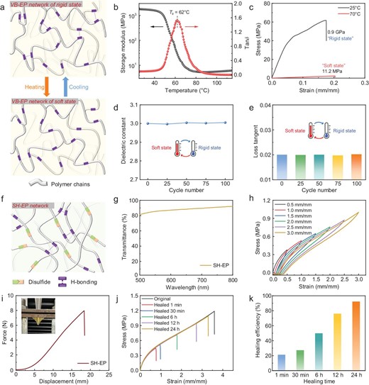 Electronic materials designed for the bio-inspired microwave system. (a) Schematic illustration of the crosslinking networks for VB-EP. (b) Temperature-sweep DMA result of VB-EP. (c) Stress-strain curves of VB-EP at 25°C and 80°C, showing the behavior of variable stiffness. (d) Dielectric constant of the VB-EP material after heating-cooling cycles. (e) Loss tangent of the VB-EP material after heating-cooling cycles. (f) Schematic illustration of the dynamic crosslinking networks for SH-EP. (g) UV-vis transmission spectrum of the SH-EP film (thickness ≈ 500 µm). (h) Cyclic stretching-releasing curves of SH-EP from 50% to 300% without relaxing time (tensile speed = 50 mm min−1). (i) Puncture curves for SH-EP under the deformation rate of 50 mm min−1 (the thickness of the film is 0.6 mm). (j) Stress-strain curves of the original and self-healed SH-EP films after different healing times at 25°C. (k) The self-healing efficiencies of SH-EP films for different durations at 25°C.
