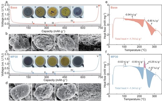 Voltage profiles of Li‖Gr cells cycled for the 30th cycle at 2C in the Base electrolyte (a), and the insets in (a) show optical images of the anodes recorded at five different stages (I–V) marked in the voltage profiles. The top and side-view SEM images (b) of the Gr anodes cycled in the Base electrolyte at the selected stages (I–III). The voltage profiles of Li‖Gr cells cycled for the 30th cycle at 2C in the MP30 electrolyte (c), and the insets in (c) show optical images of anodes recorded at five different stages (I–V) marked in the voltage profiles. The top and side-view SEM images (d) of the Gr anodes cycled in the MP30 electrolyte at the selected stages (I–III). DSC profiles of the Gr/Li hybrid anode with (e) Base and (f) MP30 electrolytes.