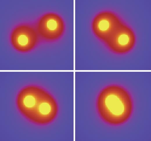 Typical evolution of binary black hole simulated by numerical relativity. The yellow region corresponds to the highly curved region which is roughly the position of black holes. The four snapshots correspond to inspiral, merger and ringdown stages. This result is simulated by AMSS-NCKU software.
