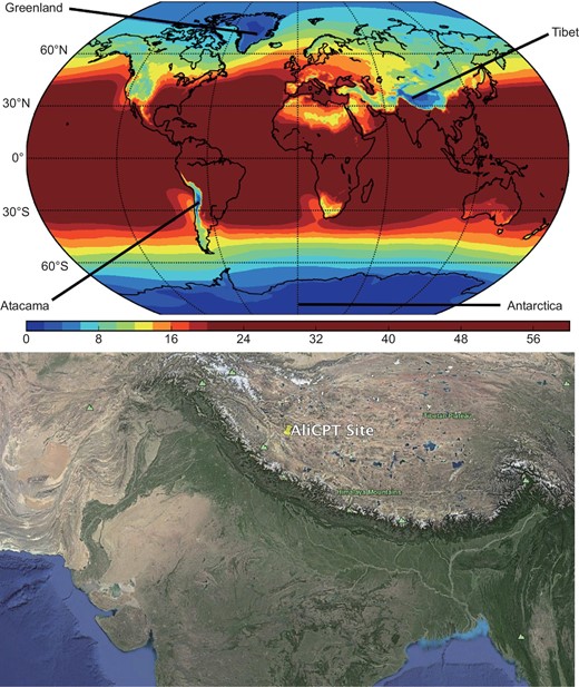 Global distribution of mean PWV over six years (July 2011–July 2017) obtained with MERRA-2 data. The color bar is in millimeters (upper). The location of the AliCPT site and the surrounding terrain. The wet air from the Indian Ocean is hugely reduced by the Himalayan mountains (lower).