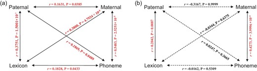 Mantel correlations between four distance matrices for Y-chromosome, mtDNA, phoneme and lexicon. (a) Mantel correlations and (b) partial Mantel correlations when controlling for geographical effects. The number of permutations of the Mantel test was set at 10 000. The red text shows significant Mantel correlations. Solid lines represent a P-value < 0.05. Dashed lines represent no significance, P-value > 0.05.