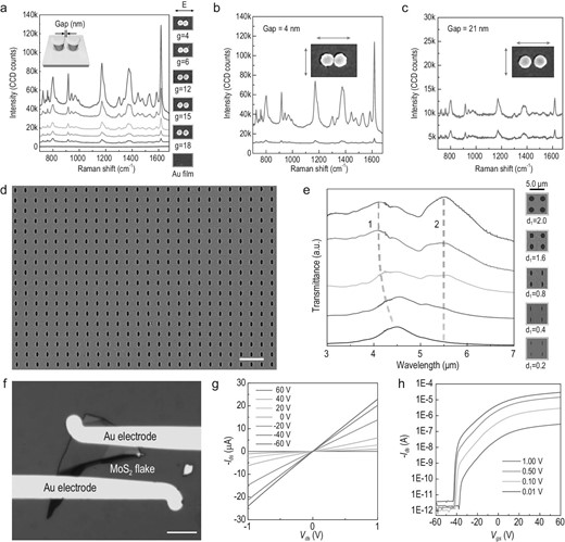 Applications of three typical structures fabricated using the nanokirigami process. (a) Raman spectra of freestanding gold nanogaps on nanodisk dimers with different gap sizes. (b) and (c) Polarization-dependent SERS of gold nanodisk dimers with 4-nm (b) and 21-nm gaps (c) under linear excitation parallel and perpendicular to the dimer axis. (d) SEM image of an extraordinary optical transmission (EOT) infrared filter consisting of periodic elliptical microholes. (e) Spectral responses of EOT devices with different curvature radii and pitches. The left column of the SEM images represents decreasing d1 values (the length of the x-axis in the elliptical hole) from bottom to top. The right column of the SEM images represents increasing pitch in the elliptical hole array. (f) Photograph of an MoS2 transistor fabricated by the transferred outside resist. (g) Output Ids–Vds curves of an MoS2 transistor under different gate voltages from –60 to 60 V. (h) ON/OFF ratio curves with different source–drain bias voltages. Scale bars: 10 μm in (d) and (f).
