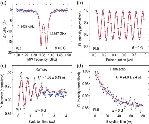 Spin properties of a single PL5 defect spin at room temperature measured in a zero magnetic field. (a) CW-ODMR spectra. The blue dots are the experimental raw data and the red line represents the corresponding Lorentzian-shaped multipeak fitting. (b) Rabi oscillations. The blue dots are the experimental raw data and the red line corresponds to the decaying cosine fittings. (c) Ramsey oscillation. From the fitting, the inhomogeneous spin-dephasing time $T_2^*$ is deduced to be 1.66 ± 0.19 μs. (d) Hahn echo coherence time. From the fitting, the homogeneous spin coherence time T2 is 24.0 ± 2.4 μs.