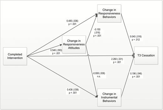 Model showing the effect of completing the intervention on 7.5-month cessation through change in instrumental behaviors and change in responsiveness (RUC) behaviors. The effect of condition on change in responsiveness behaviors is mediated by change in responsiveness attitudes. Completed Intervention = completed the website “Basics” or read the whole booklet. To simplify the figure, the regression of T2 attitudes/behaviors on T1 attitudes/behaviors to assess change and indirect paths are not shown. Indirect paths are: (1) from condition to cessation through change in responsiveness behaviors, .041 (.019), p = .03; (2) from condition to cessation through change in instrumental behaviors, .107 (.031), p < .001; (3) from condition to cessation through both change in responsive attitudes and change in responsiveness behaviors, .014 (.006), p ≤ .02; (4) from condition to cessation from both change in responsiveness attitudes and change in instrumental behaviors .003 (.003), p = .258.