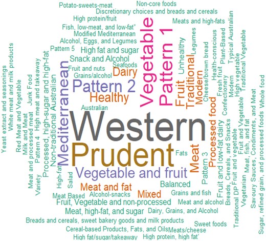 Names of Dietary Patterns Reported in the Original Studies. The font size of the words or phrases indicates the relative quantity of these dietary patterns in the included studies