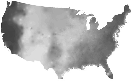 Market potential change impact of the Panama Canal, conditional on linear latitude, longitude, 1880 log population, and an indicator for coastal counties. Interpolation from county centroids. The scale is 30 equally spaced shades of gray. Darker pixels indicate areas that benefit more from the Panama Canal.