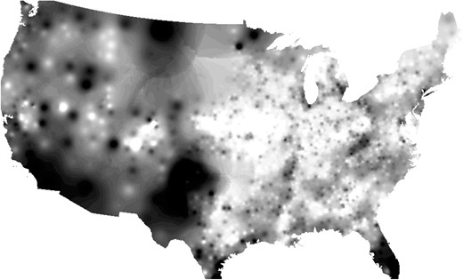 Population growth between 1900 and 1940. Interpolation from county centroids. The scale is in terms of 30 equally spaced shades of gray. Darker pixels indicate areas that experienced more population growth.