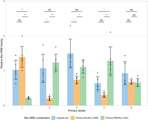 Contributions of Rev and the Rev–response element (RRE) to cognate pair functional activity. The relative functional activity of Rev-RRE cognate pairs from primary isolates, as well as the activity of the component Rev with NL4-3 RRE and the component RRE with NL4-3 Rev is shown. Relative activity is shown as multiples of the activity of the NL4-3 cognate pair without units, such that 1 corresponds to the NL4-3 Rev/NL4-3 RRE pair. Observations from technical replicates (n = 5 or 6) are shown as dots. Bars represent the mean values of individual observations, and error bars represent standard deviation. Statistical comparisons were performed using 1-way analysis of variant with adjustment for multiple comparisons using the Dunnett T3 method. Primary isolate 1 was obtained from donor I (accession no. KR820312), isolate 2 from recipient B (KR820385), isolate 3 from donor G (KY112428), isolate 4 from donor C (KY112346), and isolate 5 from recipient A (JX973051). Cognate pair activity values replicate values shown in Figure 3. Abbreviation: NS, not significant. *P < .05; **P < .01; ***P < .001.