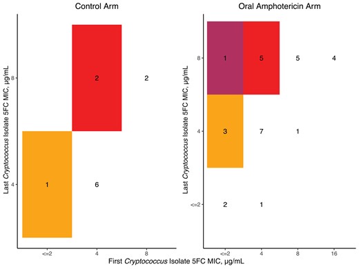 Checkerboard of flucytosine susceptibility between the first and last Cryptococcus isolates. In both arms, most participants had a screening and last LP MIC of 4 µg/mL. One participant in the oral amphotericin B arm moved from an MIC of 2 to 8 µg/mL (indicated in the darkest, maroon color shading). Those without a second isolate are recorded as no change. Abbreviations: 5FC, flucytosine; LP, lumbar puncture; MIC, minimum inhibitory concentration.