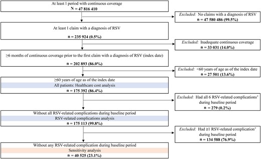 Patient selection. aRespiratory syncytial virus (RSV)–related complications included pneumonia, acute respiratory failure, congestive heart failure, hypoxia or dyspnea, non-RSV lower and upper respiratory tract infections, or chronic respiratory disease (ie, asthma or chronic obstructive pulmonary disease).