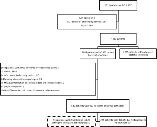 Study flowchart. Abbreviations: BSI, bloodstream infection; ICF, informed consent form; ID, infectious disease; SOT, solid organ transplant.