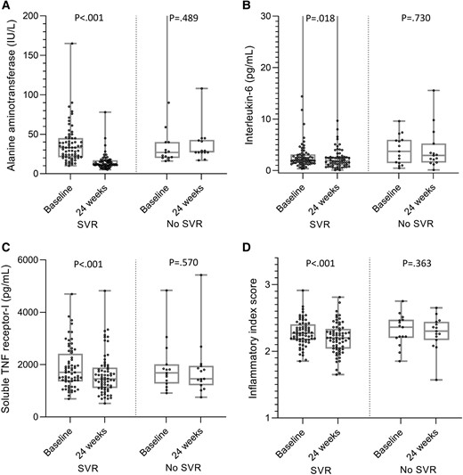 Levels at baseline and 24 weeks after treatment initiation/noninitiation: A, alanine aminotransferase; B, interleukin 6; C, soluble TNF receptor I. D, Inflammatory index score in a subset of people with HIV without detectable HIV viremia (n = 83): with SVR (n = 68) and without SVR (n = 15). Data are presented as median (line), IQR (box), and minimum and maximum values (bars). Wilcoxon signed rank test was used for the paired comparison. SVR, sustained virologic response; TNF, tumor necrosis factor.