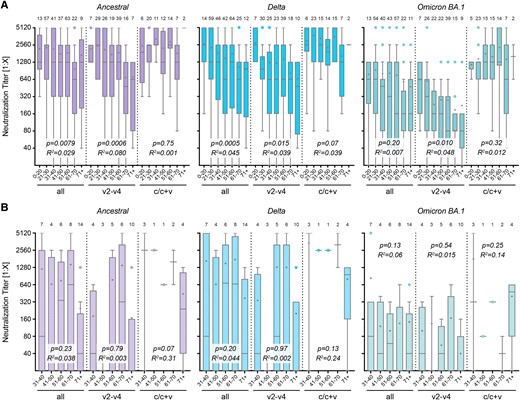 Age dependence of neutralization capacity. Neutralization titers against SARS-CoV-2 variants during periods from 0.5 to 4 months post-immunization. Samples were grouped in age intervals for COMP (A) and SUP (B) samples, either with all samples, including those after 1 single vaccination (first group, “all”), after 2–4 vaccinations (v2–v4), or after infection or infection and vaccination (c/c + v) as indicated. Titers are measured against the ancestral Wuhan virus isolate, the Delta, or Omicron BA.1 variant. Data are presented as box plots showing the median, mean (+), 25th to 75th percentiles with whiskers, and outliers plotted based on Tukey, the corresponding number of samples is indicated above each box plot. Linear regression-based P values show deviation from slope = 0, the goodness of fit is indicated with R2.