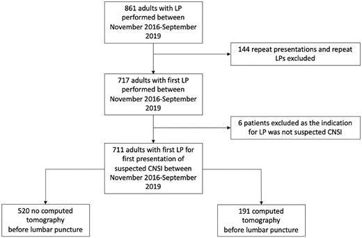 Screening, exclusion and analysis populations. Abbreviations: CNSI, central nervous system infection; LP, lumbar puncture.