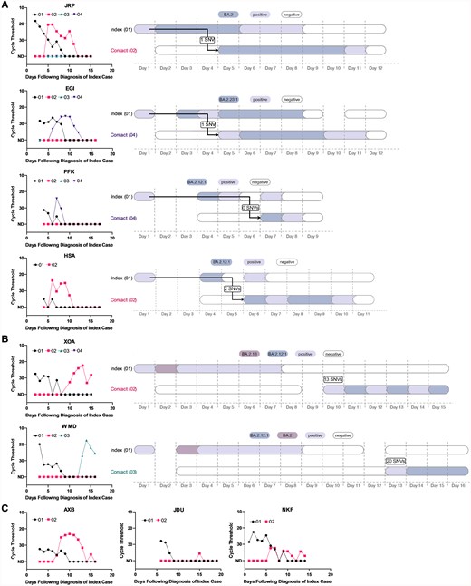 Viral load curves and transmission plots by household in the strict analysis set. A, Households where transmission was determined to be highly probable. B, Households where transmission was determined to be unlikely. C, Households that did not yield sufficient sequencing data. In A–C, colors indicate the viral variant that was ascertained via viral sequencing. Samples that were severe acute respiratory syndrome coronavirus 2 positive via reverse-transcription quantitative polymerase chain reaction but had insufficient viral loads for sequencing are depicted in lilac. Sequencing was not conducted on the index cases’ self-administered, primary diagnostic samples. Arrows denote the inferred direction, but not the precise timing, of viral transmission. Day 1 in the right panels corresponds to the first day of positive testing in the household. Abbreviation: SNV, single-nucleotide variant.