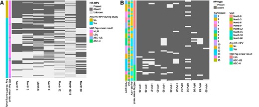 Cervical cytology findings of women 5 years postenrollment as compared with HR-HPV infection status. A, Papanicolaou (Pap) smears were conducted for a subset of women reenrolled 5 years after their initial enrollment (n = 155). The heat map shows HR-HPV DNA typing results (light gray, present; dark gray, absent) and is annotated any HR-HPV DNA positivity during the study, with Pap smear result at the final exit visit. B, HR-HPV results among 15 women who had Pap smear results other than NILM. The heat map shows HPV type–specific DNA typing results (light gray, present; dark gray, absent) and is annotated by Pap smear category, HR-HPV DNA result, visit, and participant. Abbreviations: ASC-H, atypical squamous cells–cannot exclude high-grade intraepithelial lesion; ASC-US, atypical squamous cells of undetermined significance; HPV, human papillomavirus; HR, high risk; LSIL, low-grade squamous intraepithelial lesion; NILM, negative for intraepithelial lesion or malignancy.