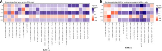 Correlation heat map of total number of viruses for which an individual had detectable antiviral IgG with proportions of cell types and continuous IgG and MFI of surface markers among CD4+ cells. A, Correlations of proportions of cell types among CD4+ cells. B, Correlations between IgG and MFI of surface markers among CD4+ cells. Correlations were adjusted for continuous chronological age. Spearman's rank correlation analysis was used with TP (ranging from 0 to 4), and Pearson correlation analysis was used with antiviral IgG antibody levels corresponding to each of the 4 viral types. Abbreviations: CMV, cytomegalovirus; EBV, Epstein-Barr virus; HSV-1/2, herpes simplex virus type 1/2; IgG, immunoglobulin G; MFI, mean fluorescent intensity; TP, the number of viruses for which an individual had detectable IgG.