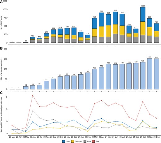Monthly counts of human immunodeficiency virus (HIV) tests (A), volunteers at work (B), and average HIV tests facilitated per volunteer (C) from March 2020 to December 2021.