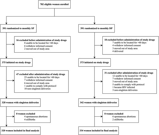 Flowchart of study participants from the Ugandan IPTp trial who were included in our analyses. DP, dihydroartemisinin-piperaquine; IPTp, intermittent preventive treatment in pregnancy; SP, sulfadoxine-pyrimethamine.